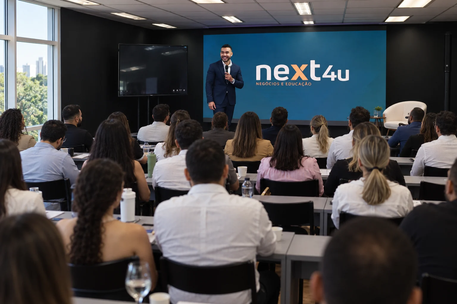 Ilustração de encontro empresarial, com público, apresentador e telão da Next4U